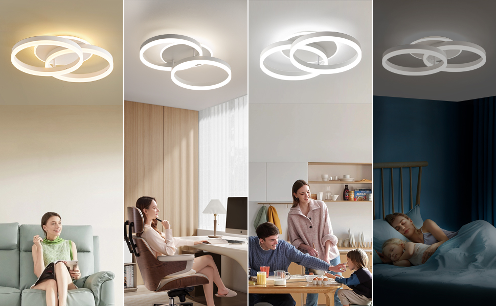 Modern circular LED ceiling light fixture shown in different lighting conditions, featuring interconnected ring design in white finish.