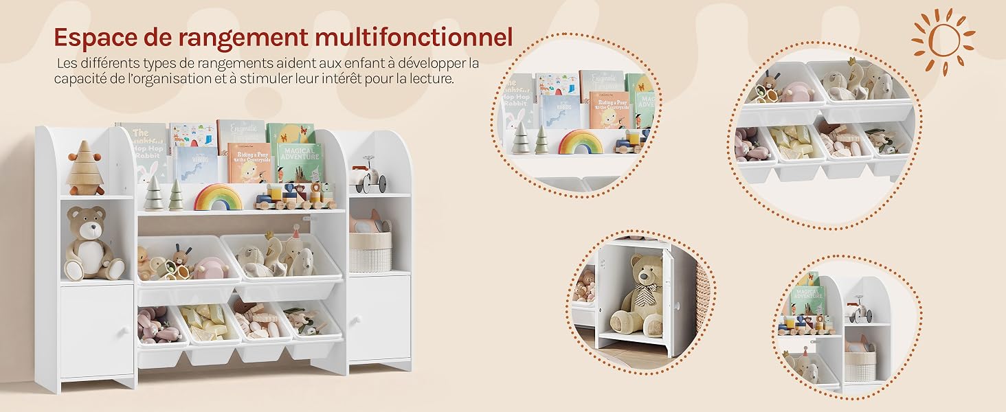 Le texte se lit comme suit : « Espace de rangement multifonctionnel ». Meuble de rangement modulaire blanc avec plusieurs compartiments, paniers et étagères. Quatre images circulaires en encart montrent les détails de l'organisation intérieure et les applications du produit.