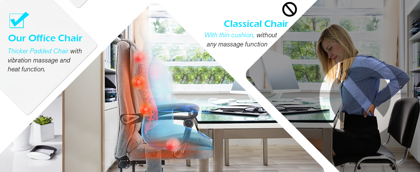 Split image comparing an ergonomic office chair with lumbar support (left) to a casual chair causing poor posture (right). Text highlights ergonomic benefits.