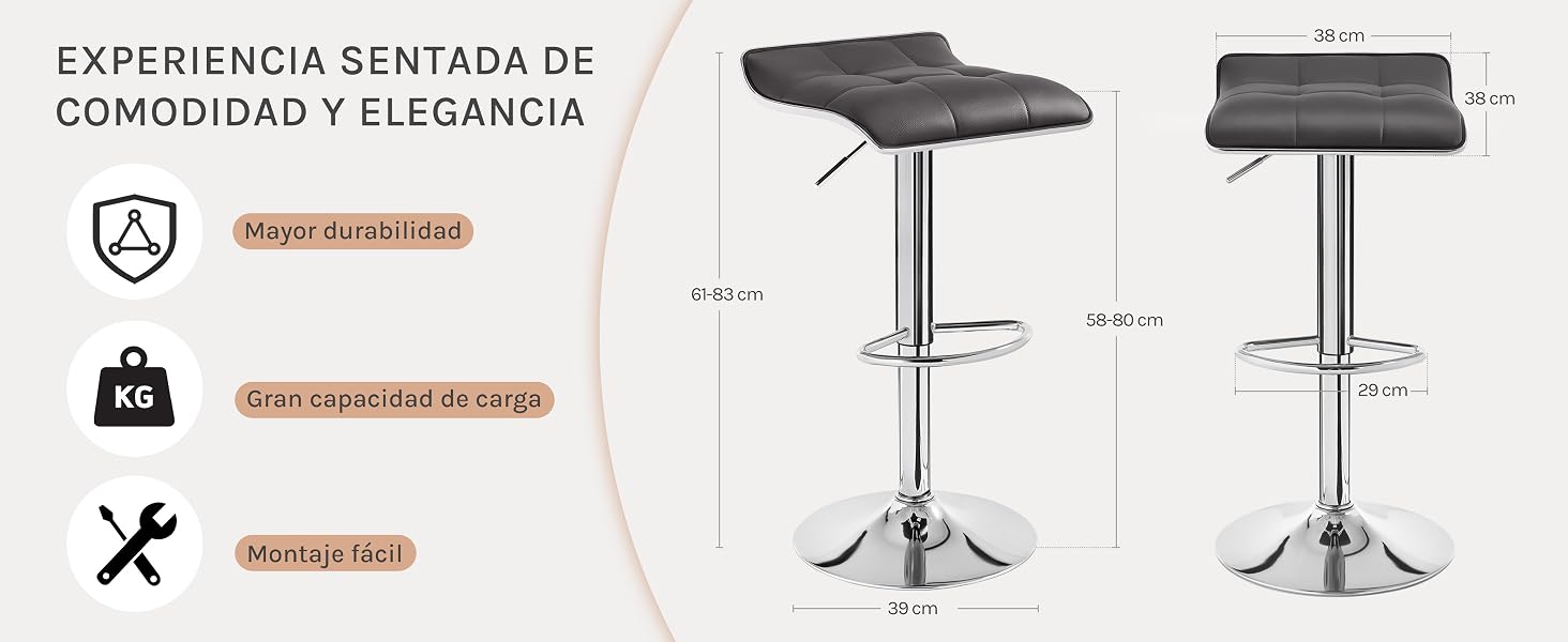 con asiento tapizado gris, base cromada. El diagrama muestra las dimensiones y características. El texto en español indica comodidad y elegancia. Los iconos destacan la facilidad de montaje y la capacidad de peso.