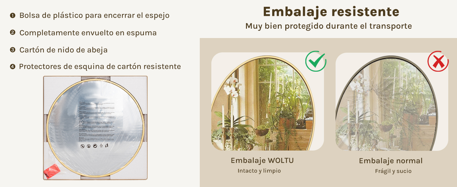 Comparación de empaques para un espejo redondo. A la izquierda se muestra un espejo envuelto en espuma. A la derecha se muestran dos imágenes que contrastan entre el embalaje seguro y el dañado durante el transporte.