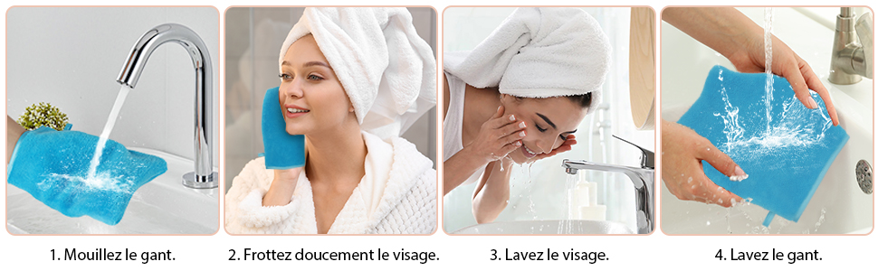 Guida d'istruzioni à quatre panneaux pour l'utilisation d'un tampon nettoyant bleu pour le visage, montrant comment mouiller, appliquer le nettoyant, laver le visage et rincer