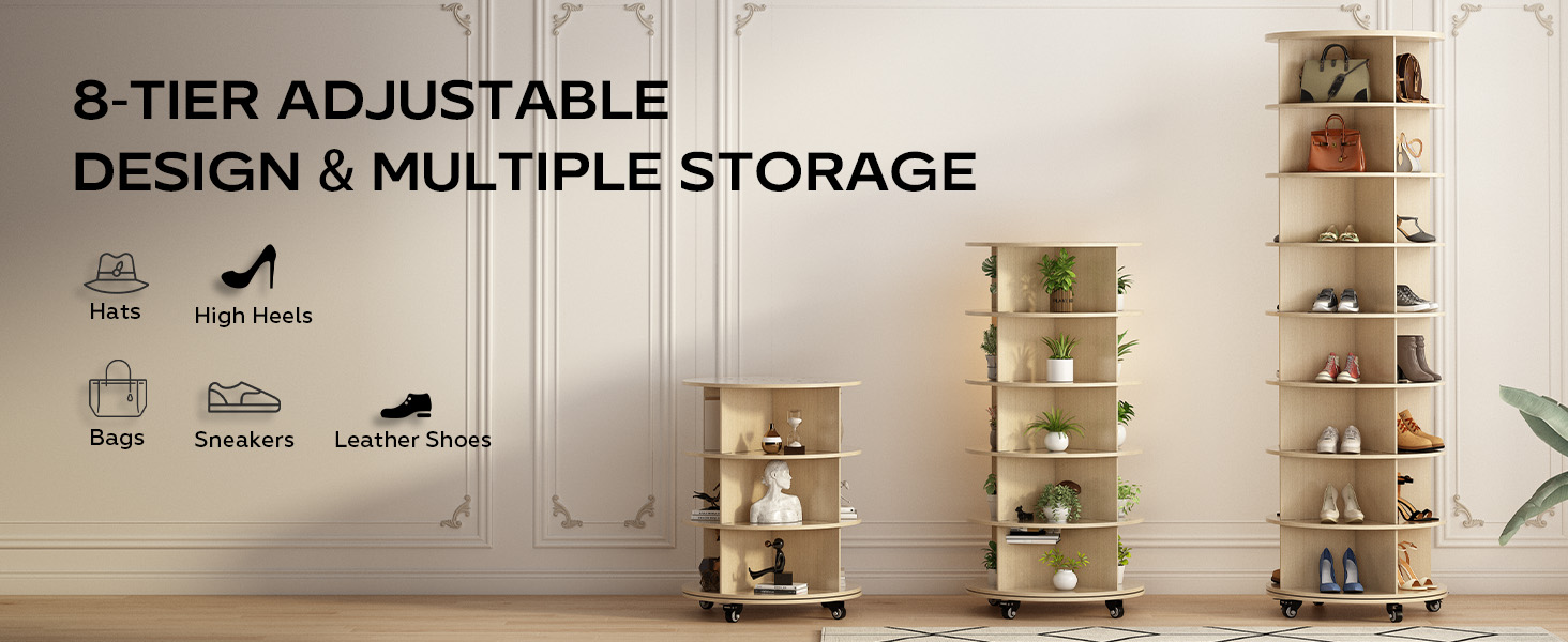 Text reads '8 TIER ADJUSTABLE DESIGN &amp; MULTIPLE STORAGE'. Multi-tiered beige/tan storage tower with stacked compartments and base shelf.