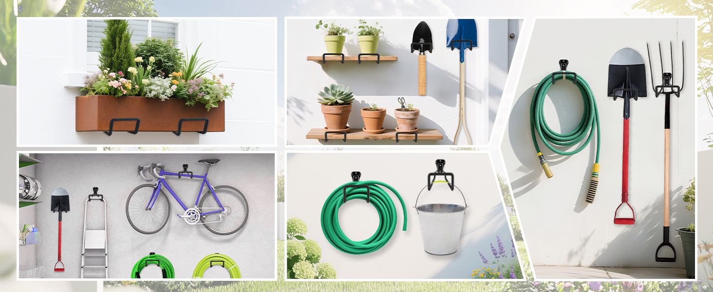 Collage que presenta diversos escenarios de organización del hogar con herramientas de jardinería, estantes y soluciones de almacenamiento. Varias vistas muestran opciones versátiles de almacenamiento para diferentes artículos del hogar.