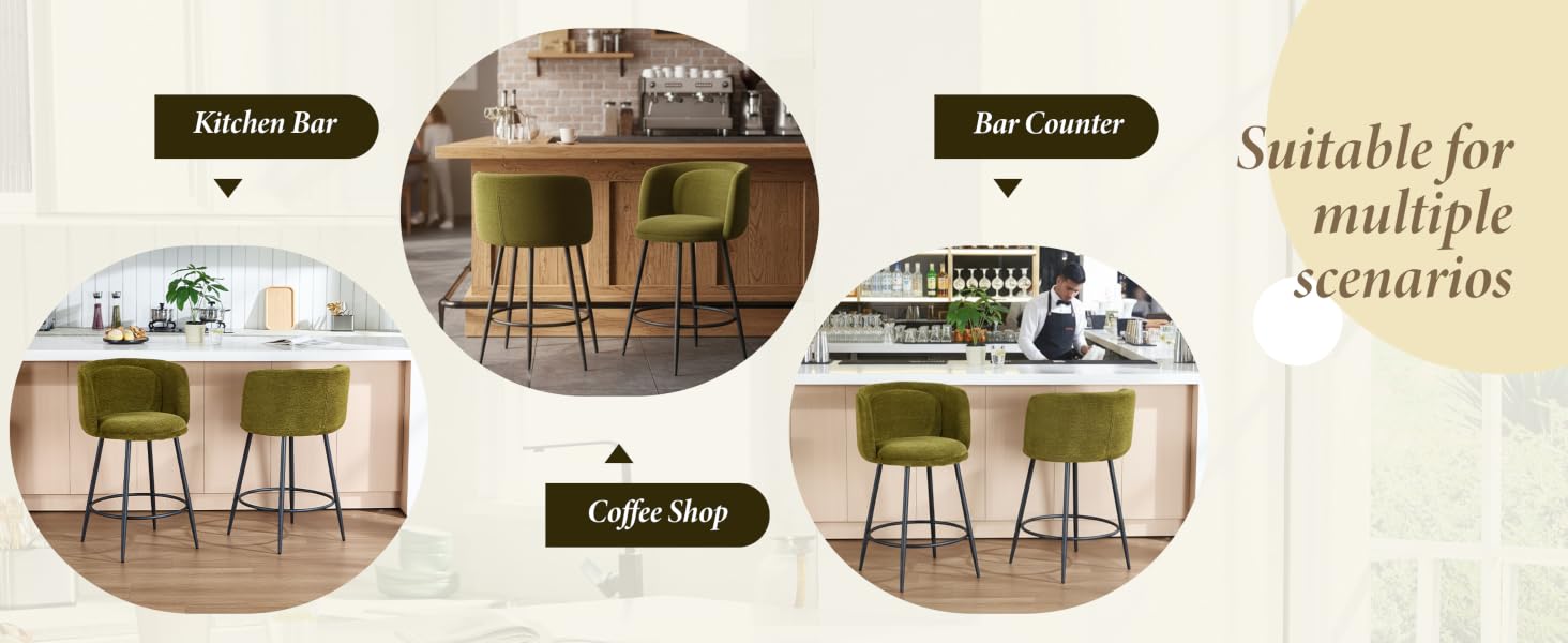 Text reads 'Suitable for multiple scenarios'. Series of cafe interior photos showing various seating arrangements with bar stools and counter settings.