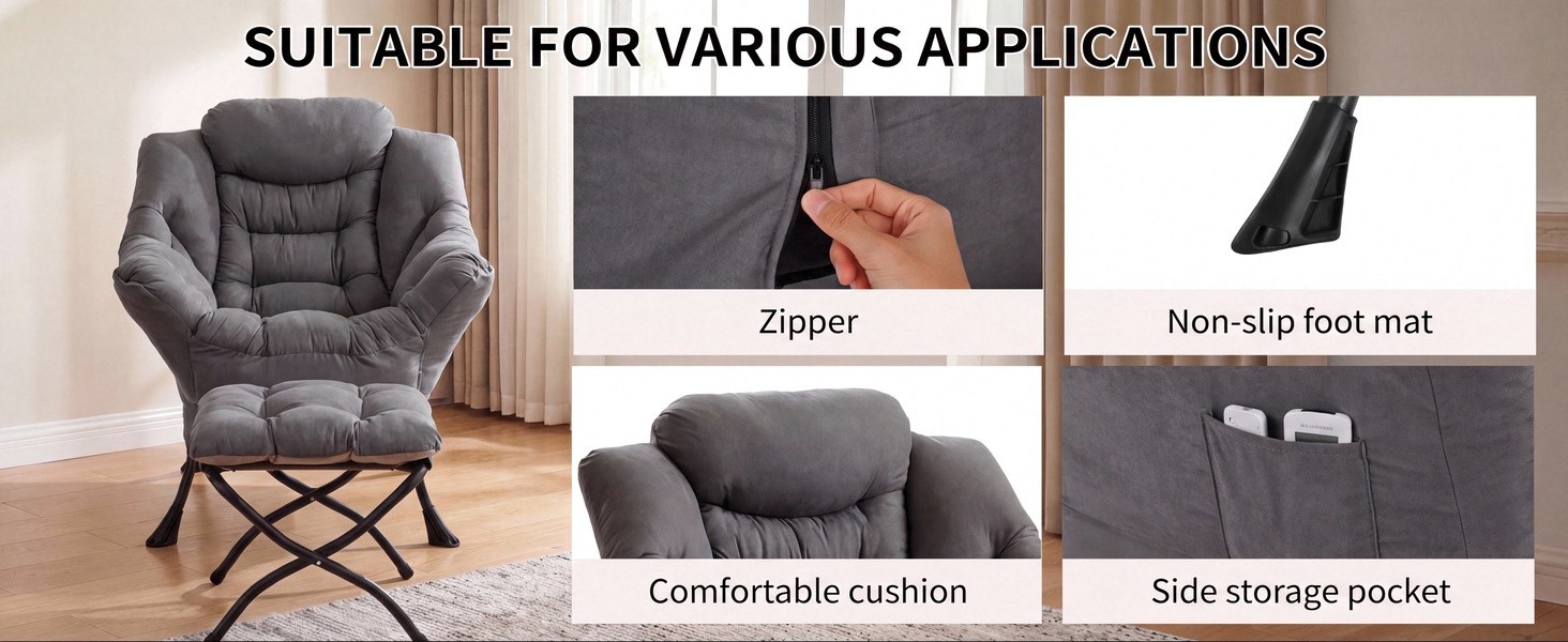 Text reads 'SUITABLE FOR VARIOUS APPLICATIONS'. Four-panel grid showing: gray padded armchair, black zippered pouch, dark non-slip foot mat, and storage pocket compartment.