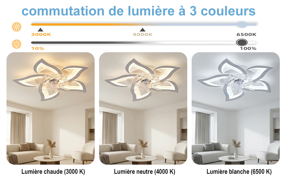Le texte se lit comme suit : « commutation de lumière à 3 couleurs ». Trois panneaux de plafonnier présentant des options d'éclairage à changement de couleur : blanc chaud, blanc neutre et blanc froid pour une ambiance réglable.