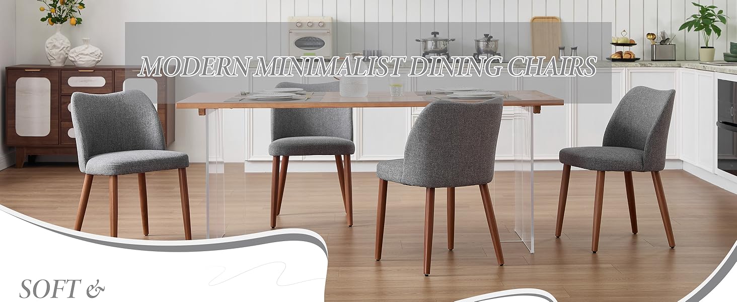 Row of modern dining chairs with gray upholstery and wooden legs, shown in retail or showroom setting.
