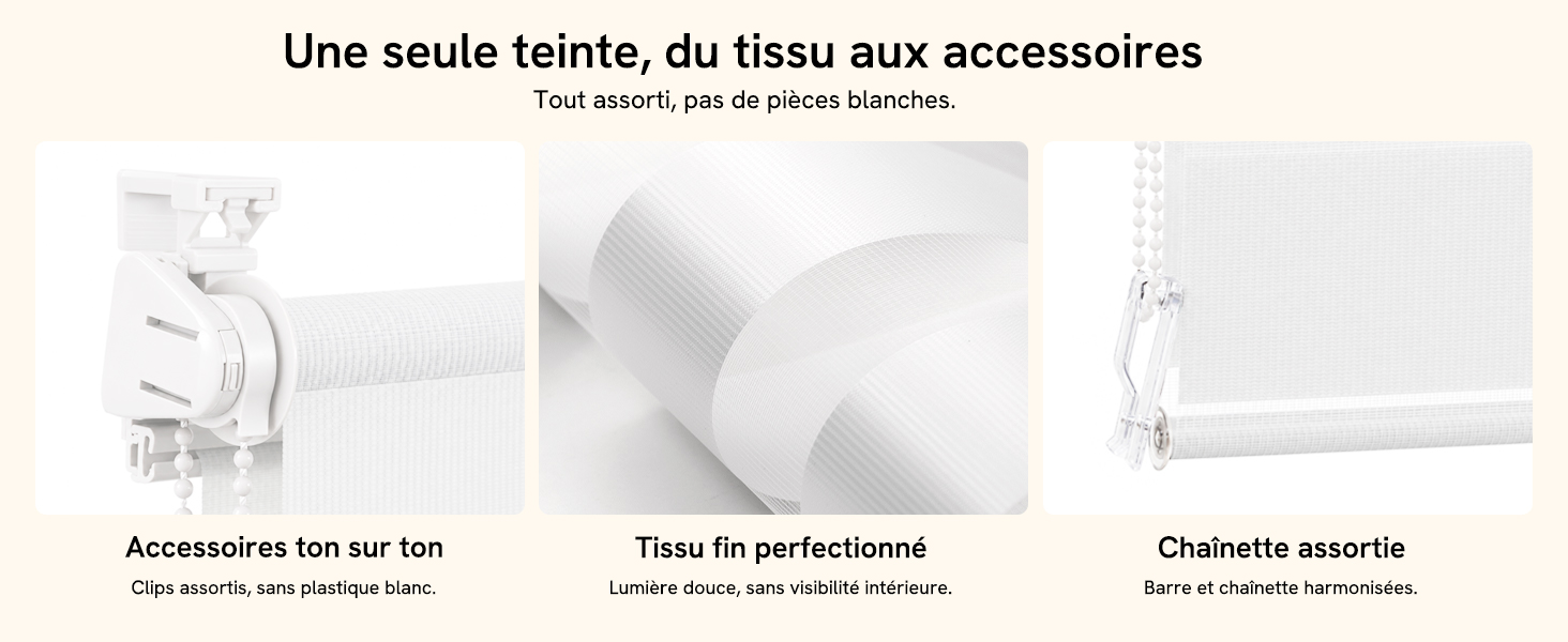 Le texte indique « Une seule teinte, du tissu aux accessoires » et un texte descriptif sur le tissu et les accessoires assortis. Trois sections de produits présentant des combinaisons de tissus et d'accessoires assortis dans des tons neutres.