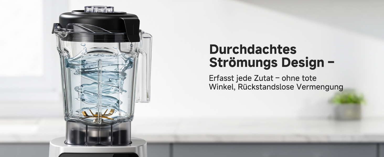 Der Text lautet „Durchdachtes Strömungs-Design - Erfasst und Zerlegt - ohne Hitze - Hocheffiziente - Hochleistungs-Mixer“. Schwarzer Mixer mit Wasser in einem durchsichtigen Krug, der die Technologie des Strömungsdesigns demonstriert.
