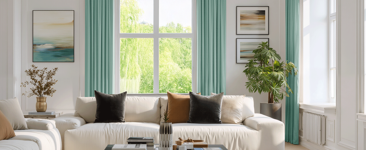 El interior de la moderna sala de estar incluye un sofá seccional beige, cortinas grises y grandes ventanales con luz natural.