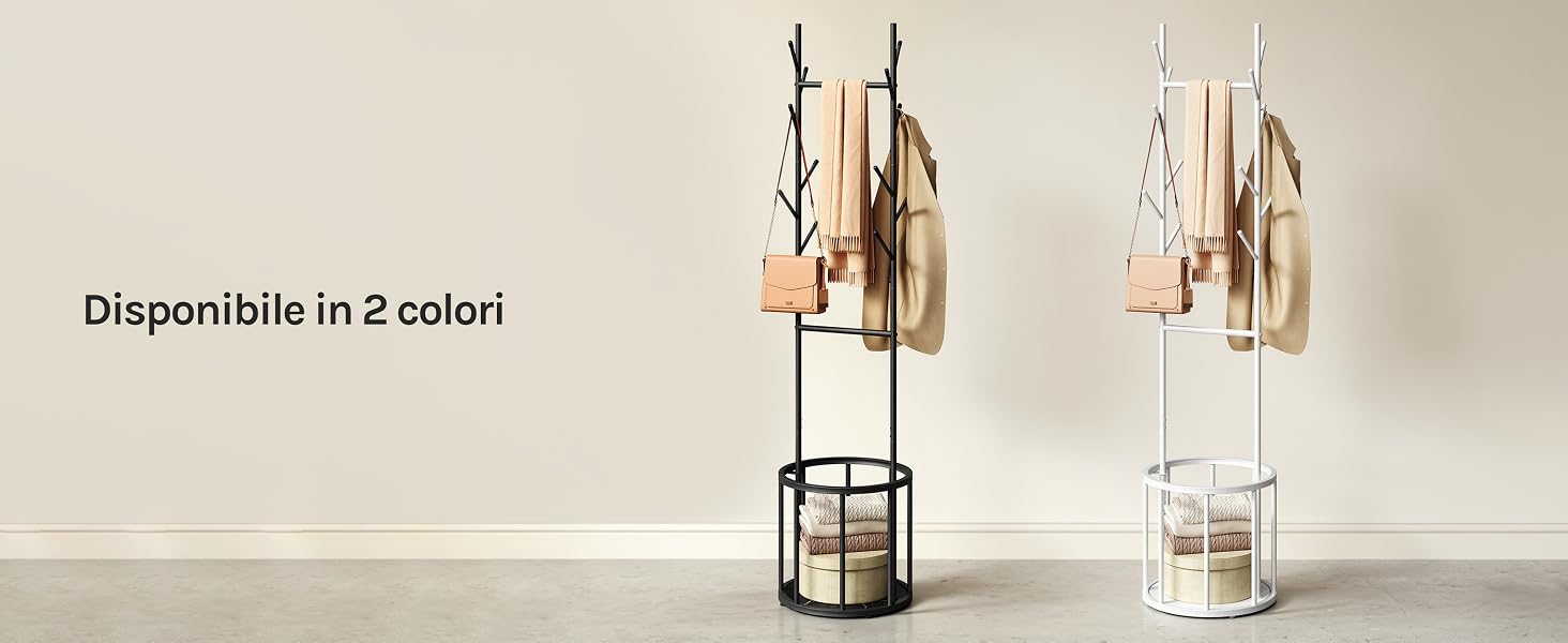 Il testo recita «Disponibile in 2 colori» (Disponibile in 2 colori). Due dondoli sospesi in legno naturale e finiture bianche montati su strutture metalliche su sfondo neutro.