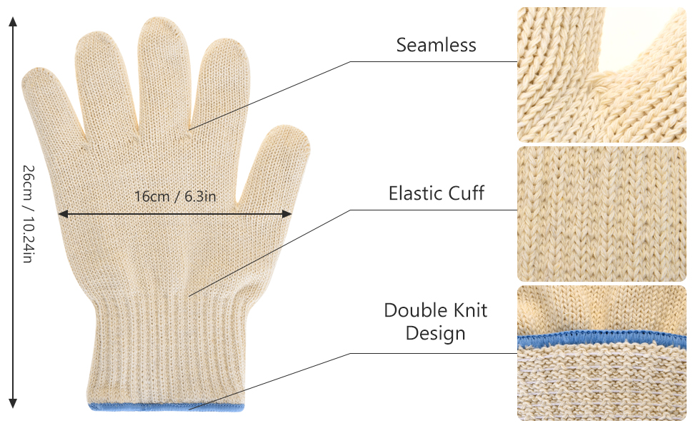 avec des especificaciones técnicas montrant une Construction sans couture, une manchette élastique et des caractéristiques de conception à double tricot