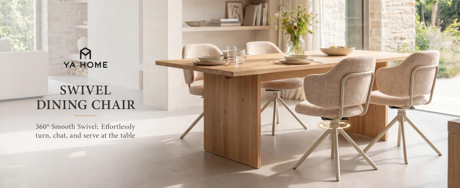 Text reads 'SWIVEL', 'DINING CHAIR'. Wooden dining set with beige upholstered swivel chairs around natural wood table in modern interior space with plants and décor.