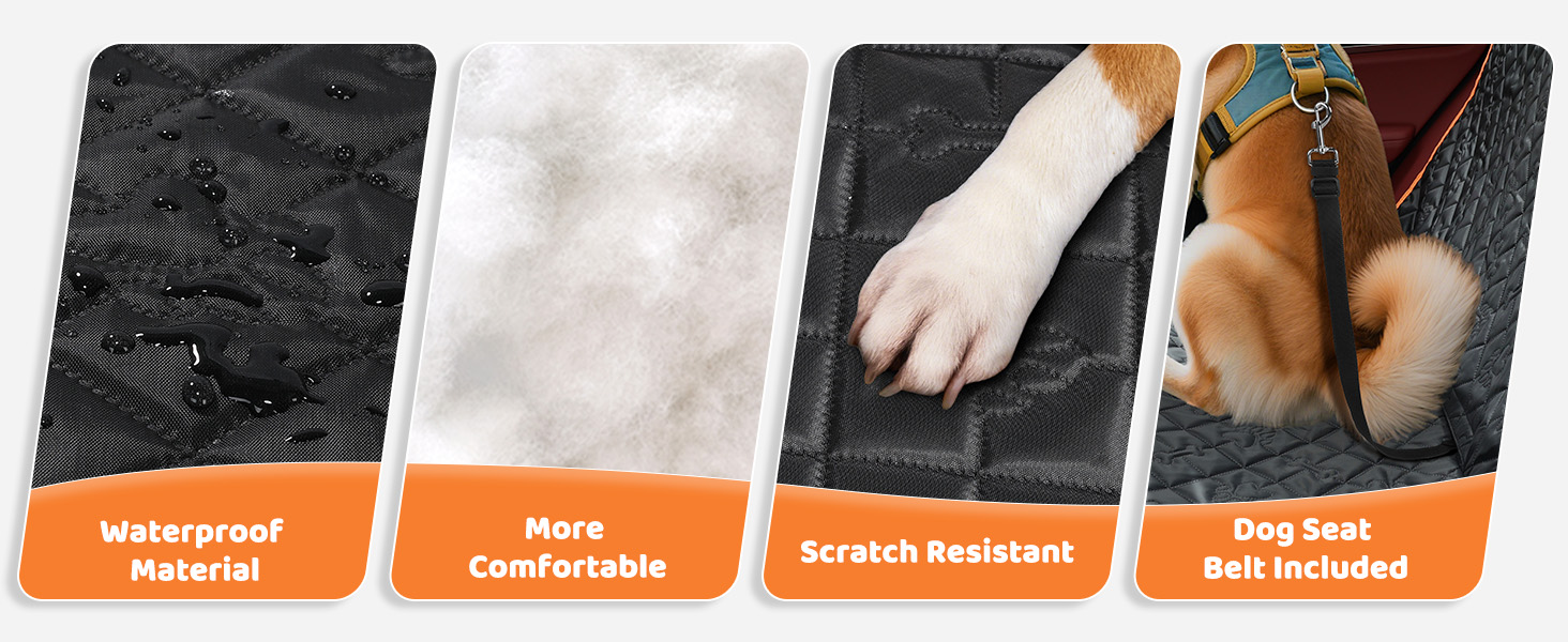 Text reads 'Waterproof Material', 'More Comfortable', 'Scratch Resistant', 'Dog Safe'. Product feature icons in orange squares showing material benefits.
