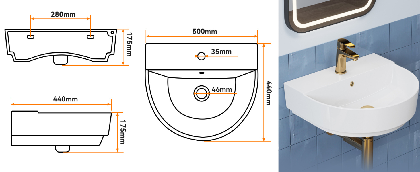 Schema tecnico e foto del lavabo a parete in ceramica bianca, che mostra le misure dimensionali e l'esempio di installazione nel bagno con piastrelle blu