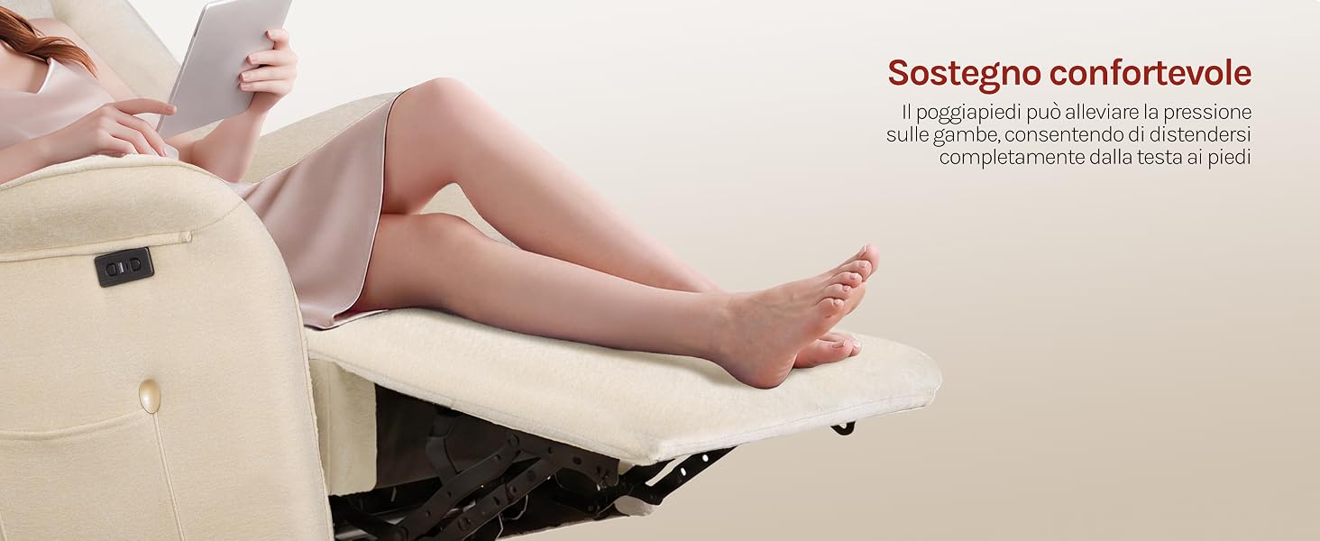 Il testo recita «Soothing confortworie» (parzialmente visibile). Dimostra che il prodotto per il comfort termico viene applicato sulla parte bassa della schiena/delle gambe di una persona che indossa abiti di colore chiaro sul letto.