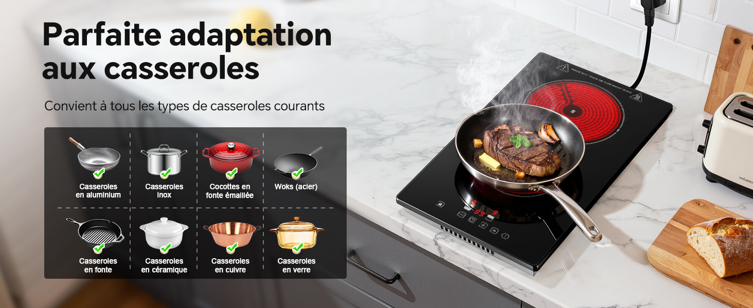 Le texte se lit comme suit : « Parfaite adaptation aux casseroles ». Série d'icônes présentant les caractéristiques des produits montrant la compatibilité des ustensiles de cuisine et présentant des démonstrations d'utilisation avec divers récipients de cuisson.