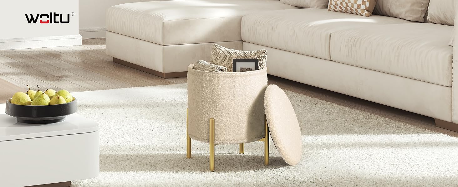 Text reads 'WOLTU'. Modern white sectional sofa shown from multiple angles in a minimalist setting with light colored carpeting.