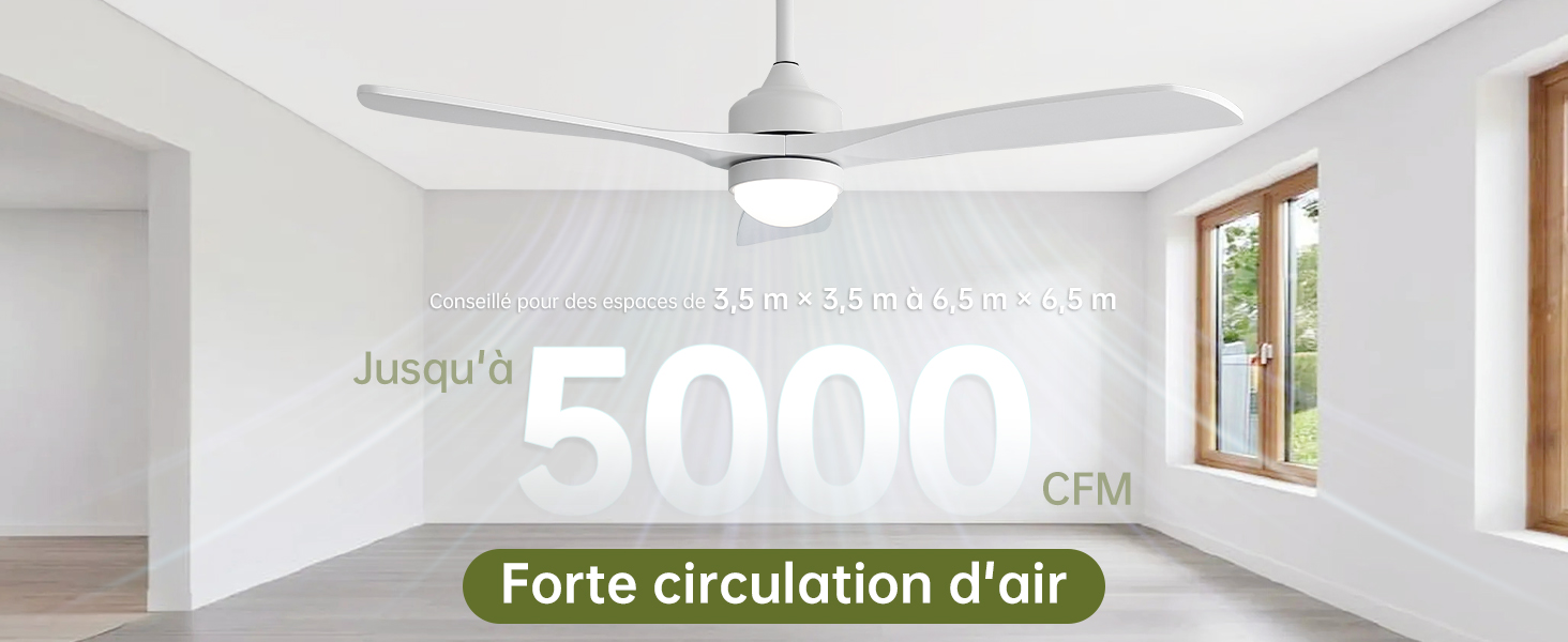 Le texte indique « 5000+ » et « Forte circulation d'air ».
[SENTENCE 15] Ventilateur de plafond blanc moderne monté dans une pièce intérieure lumineuse minimaliste avec fenêtre et éclairage naturel.