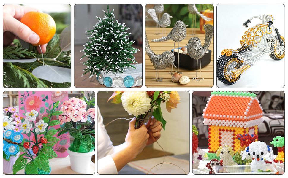 Compuesto de 7 imágenes: una naranja, un árbol de Navidad en miniatura, esculturas de pájaros de alambre, una motocicleta en miniatura, flores artificiales de colores, flores hechas a mano y una pequeña casa de cuentas de plástico.