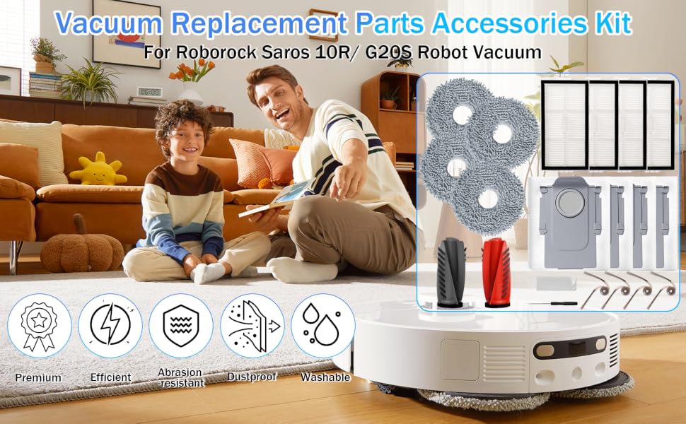 Le texte indique « Produits pour aspirateurs de Pure Accessories Info ». Images de démonstration du produit montrant un aspirateur robotique avec différentes icônes de fonction.