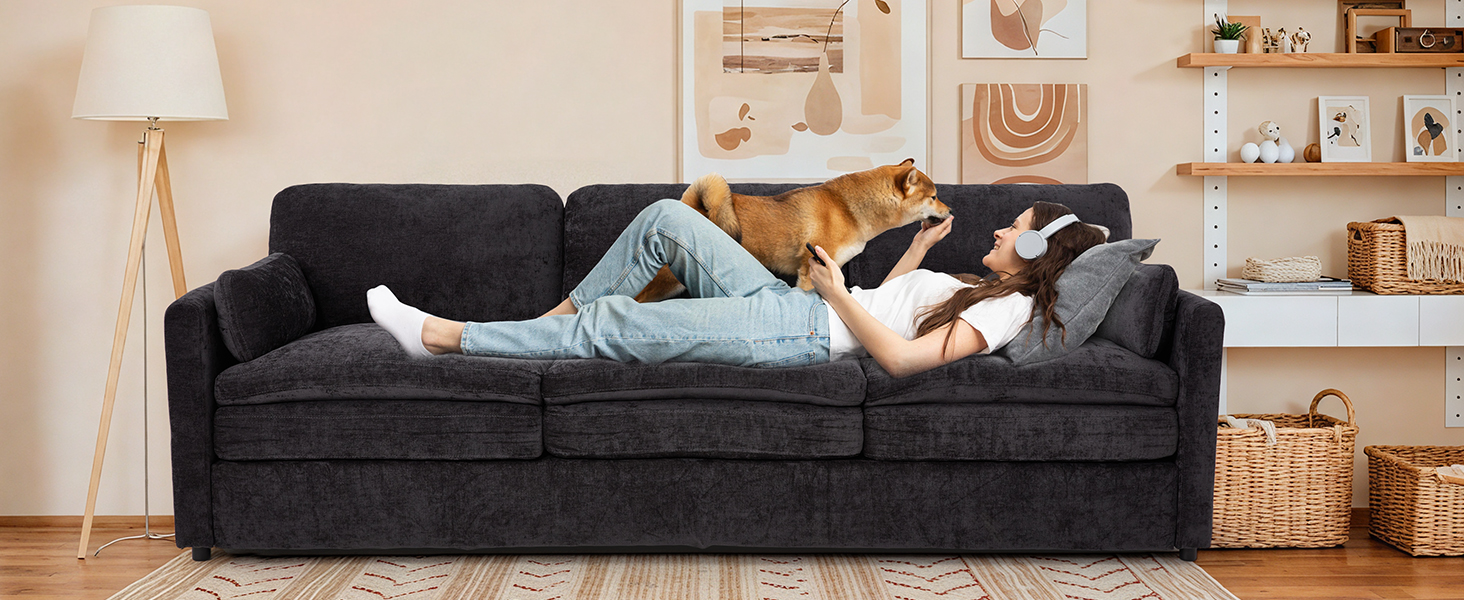 Interior scene showing a dark gray couch against a light-colored wall with decor. Relaxed home environment with natural lighting.