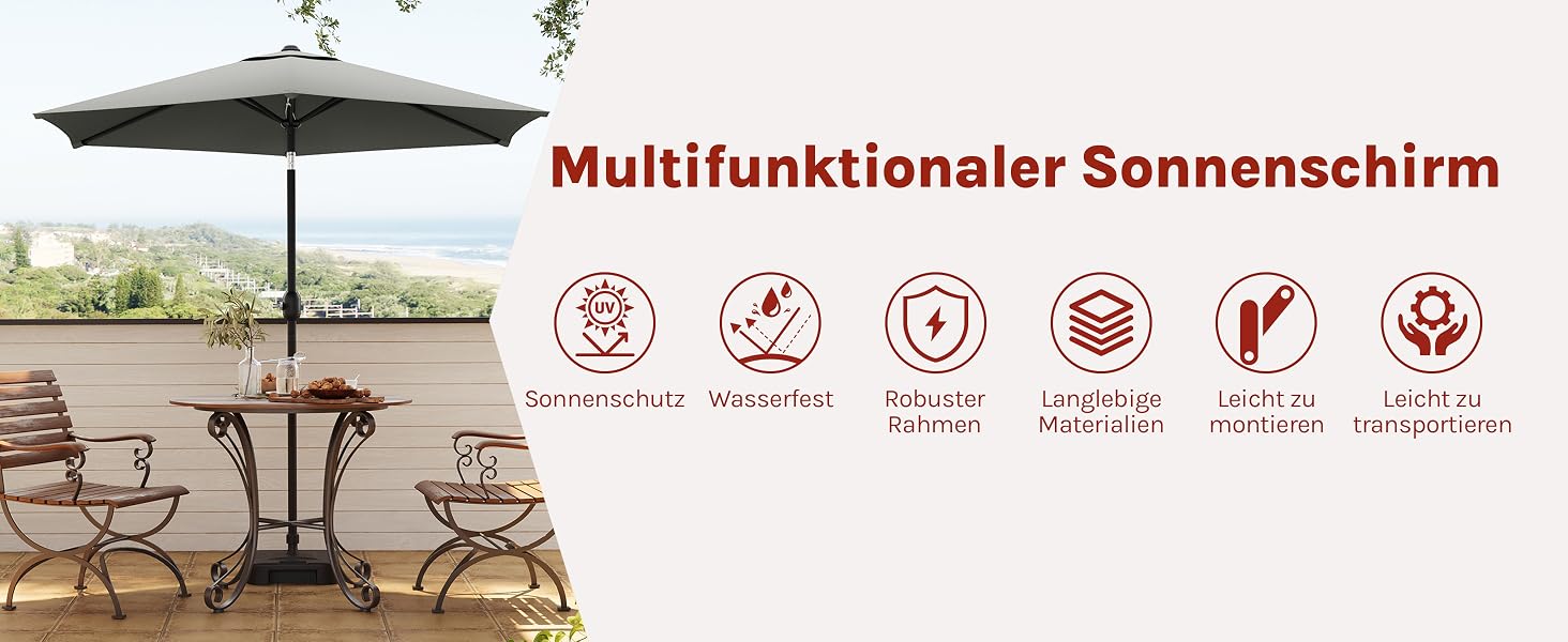 Der Text lautet „Multifunktionaler Sonnenschirm“. Außenterrassenszene mit Gartenschirm, begleitet von Symbolen mit Produktmerkmalen und technischen Daten.