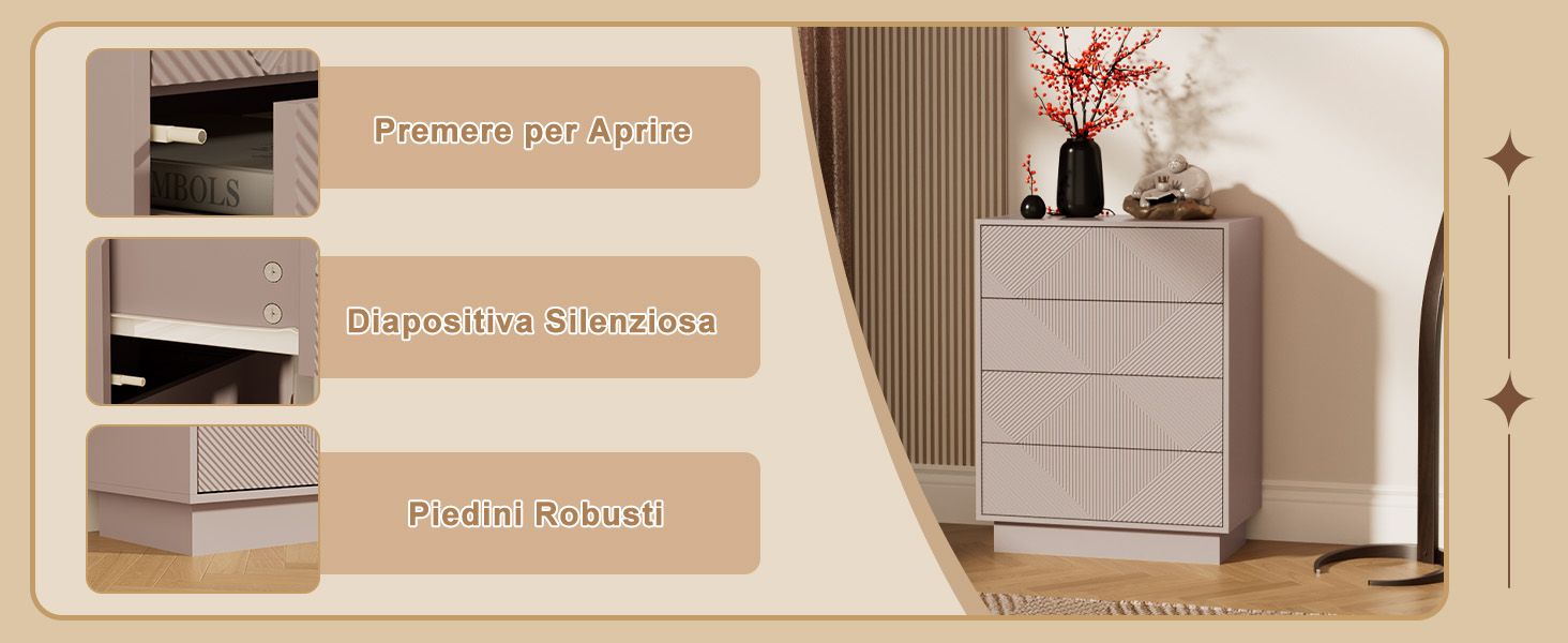 Diagramma delle dimensioni del prodotto che mostra le misure di quello che sembra essere un mobile nei toni del beige/neutro su sfondo bianco.