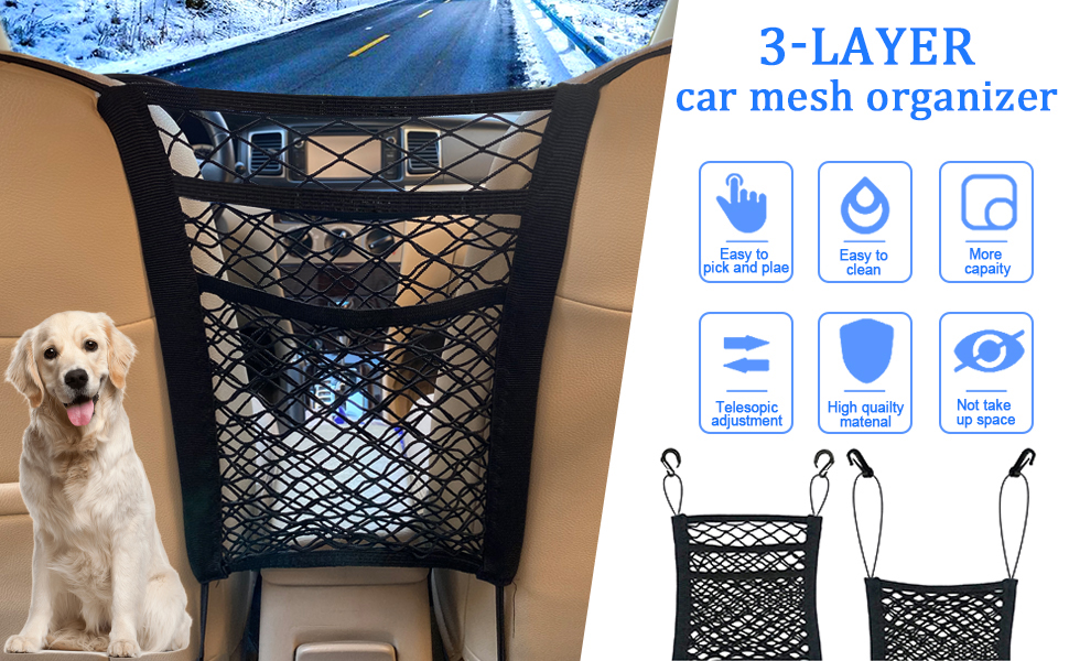 avec filet élastique noir, doté de plusieurs points de fixation et d'un design résistant à l'eau. Produit illustré installé entre les sièges auto.