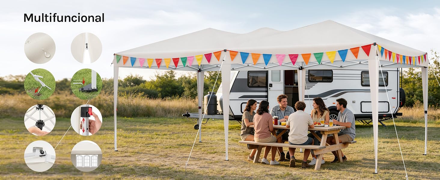 El texto dice «Multifuncional». Escena al aire libre que muestra una carpa blanca con banderines de colores, un remolque para acampar y personas reunidas en una mesa de picnic.