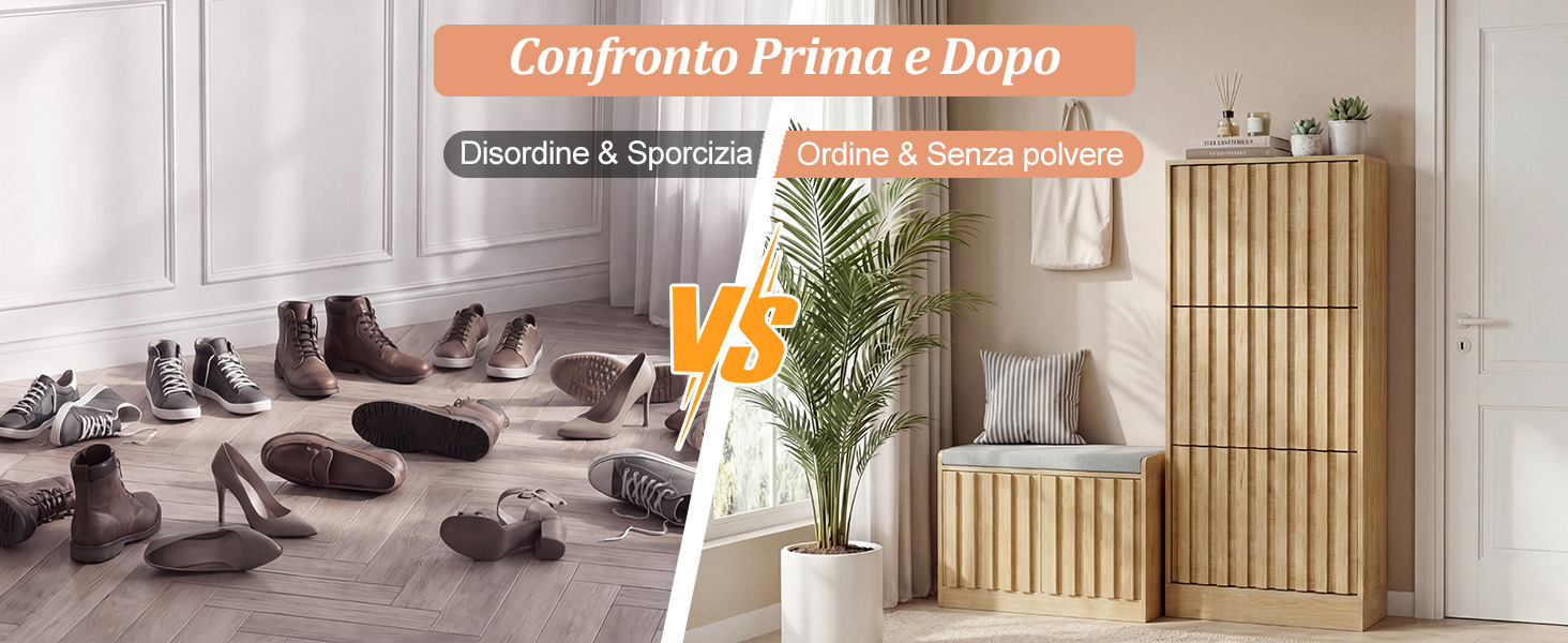Il testo dice «Personalizza il tuo spazio». Espositore per decorazioni per la casa con cesti cilindrici intrecciati, piante monstera in vaso e accessori decorativi su uno scaffale bianco.