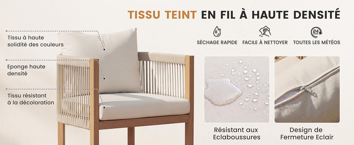 Le texte se lit comme suit : « TISSU TEINT EN FIL À HAUTE DENSITÉ », « DISPONIBLE DANS », « GAMME DE » et « NOMBRE DE LITRES ». Présentoir du produit présentant des échantillons de texture de tissu matelassé et les détails de l'emballage.
