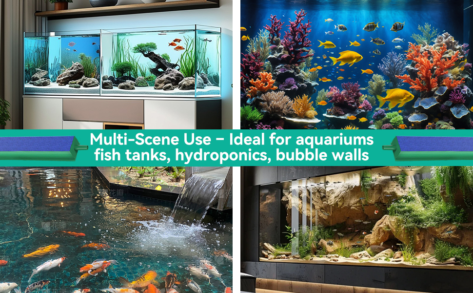Text reads 'Multi-Scene Use - Ideal for aquariums tank tanks, hydroponics, bubble walls'. Series of aquarium scenes showing colorful fish and underwater environments.