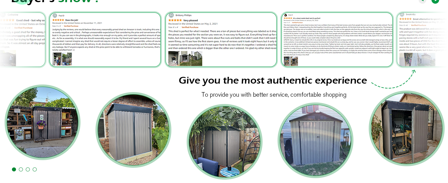 Multiple circular photos showing outdoor storage solutions and sheds in different settings, arranged in a horizontal row with informational text panels above.