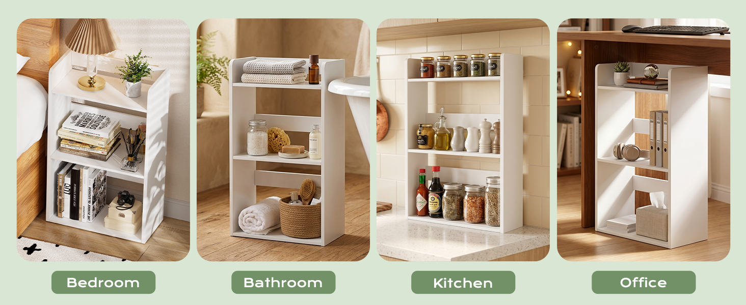 Quatre organiseurs de rangement rectangulaires en bois avec de multiples compartiments et étagères disposés en rangée, présentant une finition en bois naturel.