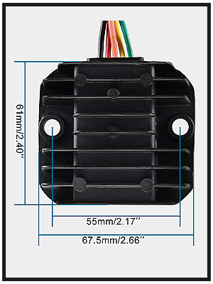 Black rectangular electronic component with cooling fins and wiring. Dimensions shown: 61mm/2.40