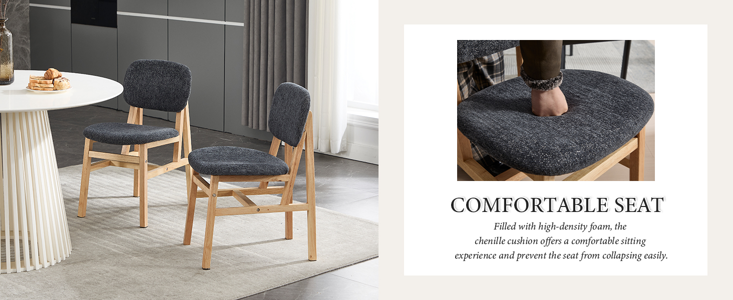 Text reads 'COMFORTABLE SEAT'. Charcoal grey cushioned seat shown in two views - as standalone cushion and in use on chair.