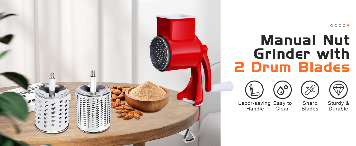 Le texte indique « Broyeur à noix manuel avec 5 lames de tambour ». Démonstration du produit montrant une meuleuse manuelle rouge utilisée avec divers aliments et différents accessoires de lame.