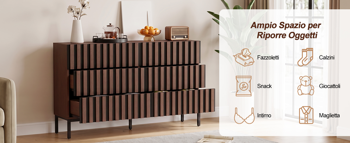 Il testo recita «Amplio Espacio por Amparo domotico» con vani portaoggetti etichettati. Moderna culla in legno con design a doghe verticali illustrato con schema organizzativo salvaspazio sul lato destro.