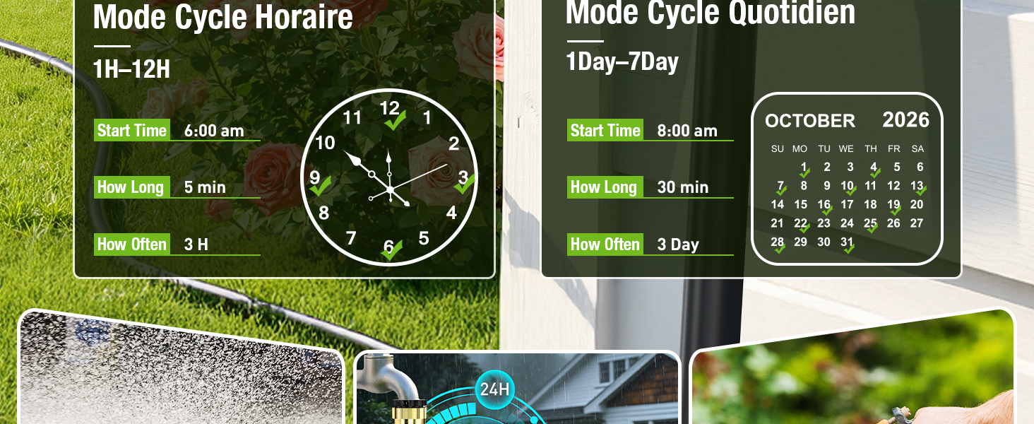 Le texte indique « Mode Cycle horaire » et « Mode lycée brindilles ». Écrans d'affichage numérique affichant les interfaces et les paramètres de l'horloge en texte éclairé en vert.