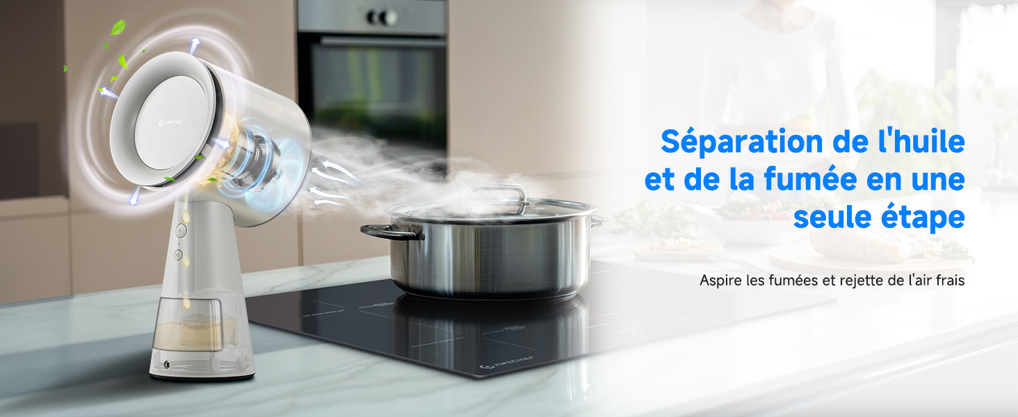 Le texte se lit comme suit : « Séparation de l'huile et de la fumée en une seule étape ». Configuration du comptoir de cuisine avec plaque de cuisson à induction et appareil métallique.