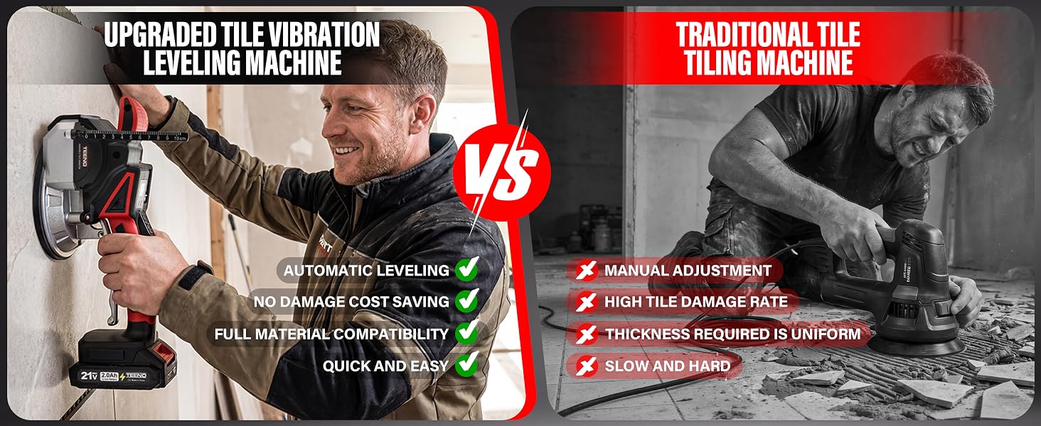 Le texte se lit comme suit : « VS ». Image de comparaison divisée montrant l'installation de carreaux traditionnelle par rapport à un système de nivellement de carreaux amélioré avec superpositions de texte descriptif.