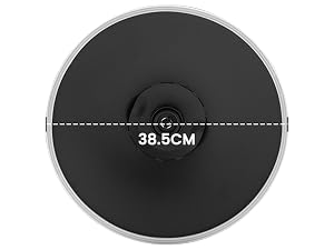 Circular black cooking surface or plate with silver rim. Diameter measurement of 38.5CM shown.