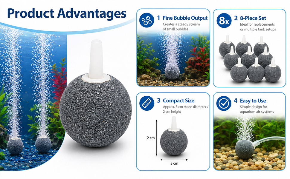 Text reads "Product Advantages" with icons showing: "Fine Bubble Output", "2 Piece Set", "Compact Size", "Easy to Use". Gray spherical aquarium air stone with multiple product views and usage demonstration in water environments.