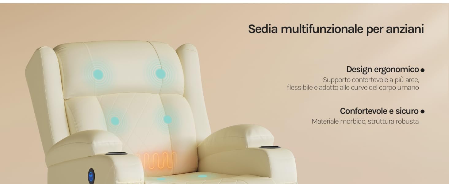 Sedia reclinabile beige con punti di massaggio illuminati di blu sullo schienale. Il testo indica che si tratta di una sedia multifunzionale