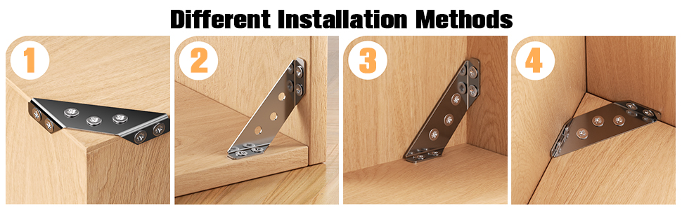 Illustration en quatre étapes des différentes méthodes d'installation d'un support ou d'un support métallique, montrant les différentes positions de montage sur une surface en bois