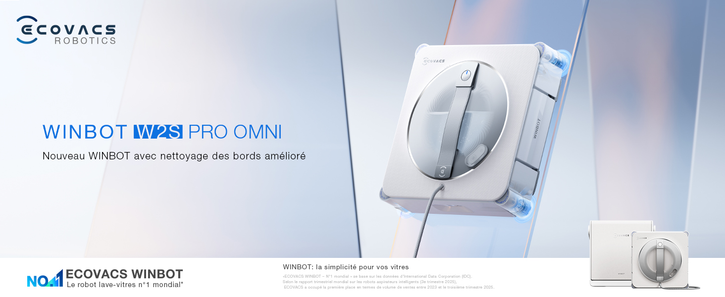 Le texte indique « ECOVACS », « WINBOT W1 PRO », « HKD OMNI ». L'image du produit montre un appareil de nettoyage de vitres robotisé blanc avec deux brosses rotatives et un système de pulvérisation d'eau pour le nettoyage automatique des vitres.