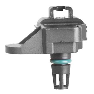 Close-up of a gray automotive camshaft position sensor with teal-colored connector end, shown against white background.