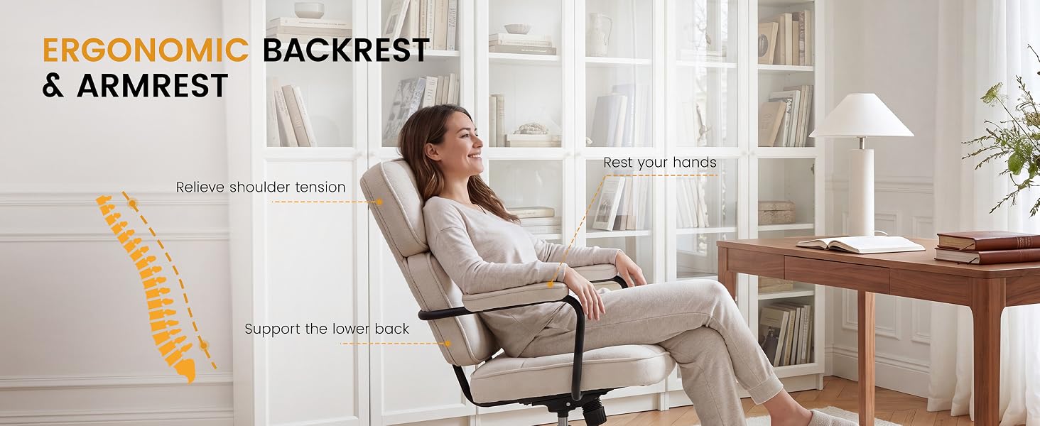 Text reads 'ERGONOMIC BACKREST &amp; ARMREST' with 'Relieve neck strain' and 'Support lower back area' labels. Man sitting in beige chair with orange ergonomic backrest illustration showing support points in home office setting.